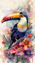 Lovable Baby Toucan in a Colorful Flower Field for Art Prints and Greetings. Royalty Free Stock Photo