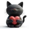 Adorable black cat holding a heart, symbol of feline love. Royalty Free Stock Photo