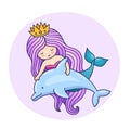 Lovable little mermaid, floating with dolphin.