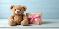 Lovable and pretty teddy bear with ribbon and giftbox for child childhood birthday party gift bed bedtime Generative By AI