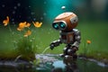 A lovable robot watering flowers in a garden. AI