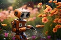 A lovable robot watering flowers in a garden. AI