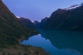 Lovatnet lake and mountains in Norway aerial view water reflection night landscape