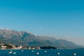 Lovcen in the snow. Snow on the mountain. View from Tivat. Water Royalty Free Stock Photo