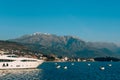 Lovcen in the snow. Snow on the mountain. View from Tivat. Water Royalty Free Stock Photo