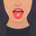 love addiction pill on tongue, woman lips ,open mouth Royalty Free Stock Photo