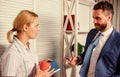 Love affair at work. business couple. handsome man speak to cute woman in office. office life. boss and secretary Royalty Free Stock Photo