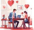 Love affair at work in office, love between office employees, vector flat illustration