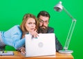 Love affair at work. Seduction. corporate ethics. businessman and assistant. woman and man work in office at laptop Royalty Free Stock Photo