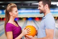 In love against the background of bowling alleys. Royalty Free Stock Photo