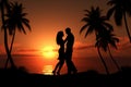 Love against sunset, Palm tree silhouettes frame couples romantic encounter