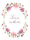 Love is in the air. Frame of three roses with blooming red flowers for an invitation or any lettering in the middle. Royalty Free Stock Photo