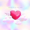 Love is in the air holographic banner. Happy Valentines Day poster design. Cute cartoon 3d glossy heart with cupid wings Royalty Free Stock Photo