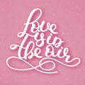 Love is in the air. Lettering. Handwritten romantic quote. Happy Valentine`s day. Holiday in February. Calligraphy