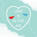 Love is in the air Lettering text. Flying red origami paper plane. Dashed Heart line frame Cloud in corners. Happy Valentines day