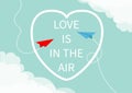 Love is in the air Lettering text. Red blue flying origami paper plane. Dashed Heart line frame Cloud in corners. Happy Valentines Royalty Free Stock Photo