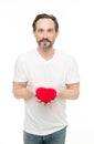 Love is in the air. Mature bearded man with red heart. Love. problems with heart. Man with beard. Decorative for Royalty Free Stock Photo