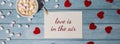 LOVE IS IN THE AIR text on valentine postcard inscription positive quote phrase Banner Romantic Valentine day Greeting