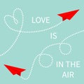 Love is in the air. Two red flying origami paper plane set. Dashed line. Heart loop. Happy Valentines day. Greeting card Royalty Free Stock Photo