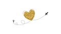 Love airplane route. Golden Heart dashed line trace and plane routes isolated on white background. Romantic wedding Royalty Free Stock Photo