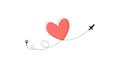 Love airplane route. Heart dashed line trace and plane routes isolated on white background. Romantic wedding travel Royalty Free Stock Photo