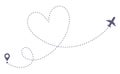 Love airplane route. Romantic travel, heart dashed line trace and plane routes isolated vector illustration