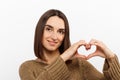 Love all you need. Charming romantic charismatic passionate girl brown eyes show heart gesture confessing sympathy look