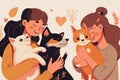 Love for animals. Children petting dogs. Children cuddle pets dogs illustration, happy girls and smiling boys with puppies image,