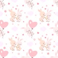 Love animals seamless pattern. Cute cartoon bunny with hearts, funny rabbits together. Pastel hare fly on heart balloon Royalty Free Stock Photo