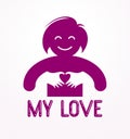 Love arms hugging lover shows heart shape gesture hands, lover woman hugging her mate and shares love, vector icon logo or