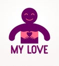 Love arms hugging lover and shows heart shape gesture hands, lover woman hugging his man and shares love, vector icon logo or