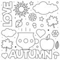 Love Autumn. Coloring page. Black and white vector illustration