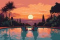 pool swimming back romantic couple sunset relax honeymoon travel vacation. Generative AI. Royalty Free Stock Photo