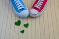 Love background with different sneakers and green hearts
