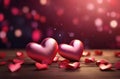 Love background with hearts on wooden table and beautiful bokeh