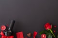 Love background with red wine, rose, ribbon and candles. Valentines background, love, date concept with copy space, flat lay photo Royalty Free Stock Photo