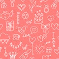 Love background. Romantic seamless pattern. Valentine, wedding design. Wrapping paper. Hand drawn, sketch, doodle