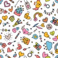 Love background. Romantic seamless pattern. Valentine, wedding design. Wrapping paper. Hand drawn, sketch, doodle