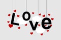 Love background template with big hanging letters and flying hearts Royalty Free Stock Photo