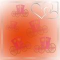 Love background with two hearts in silver and wedding limousines,carriages.