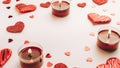 Love background: Valentines day red hearts, romantic gift box, candle on white table. Romantic message template with copy space Royalty Free Stock Photo