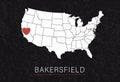 Love Bakersfield Picture. Map of United States with Heart as City Point. Vector Stock Illustration