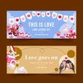 Love banner design with mobility, letter, bird watercolor illustration