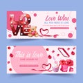 Love banner design with ribbon, light, leaf watercolor illustration