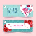 Love banner design with rose, hearts, gift watercolor illustration