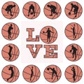 Love basketball print, t-shirt design template. Love quote, ball with basketball player silhouette, vector illustration Royalty Free Stock Photo