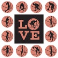 Love basketball print, t-shirt design template. Love quote, ball with basketball player silhouette, vector illustration Royalty Free Stock Photo