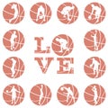 Love basketball print, t-shirt design template. Love quote, ball with basketball player silhouette, vector illustration Royalty Free Stock Photo