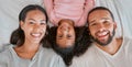 Love, bed and portrait of black family relax at home for peace, bonding and enjoy morning quality time together. Bedroom Royalty Free Stock Photo