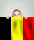 Love Belgium concept. Happy girl show belgian flag Royalty Free Stock Photo